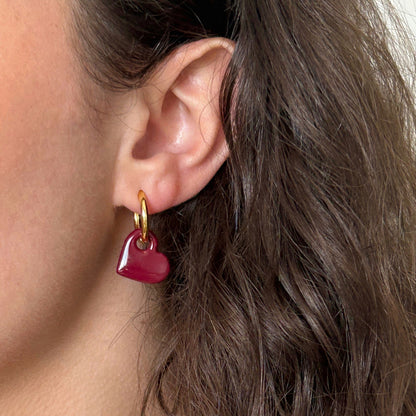 Boucles d'oreilles cœur rouge foncé - Fait main