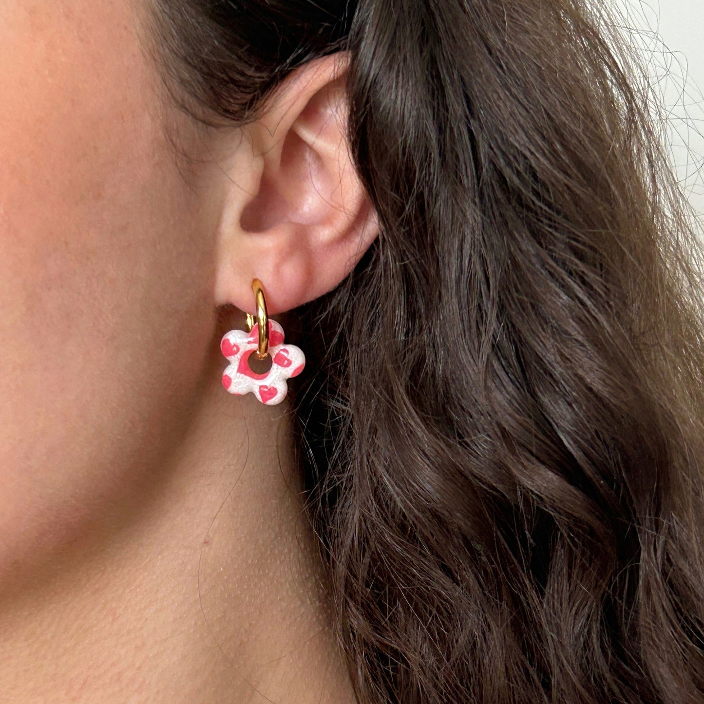 Boucles d'oreilles fleur cœur rose - Fait main