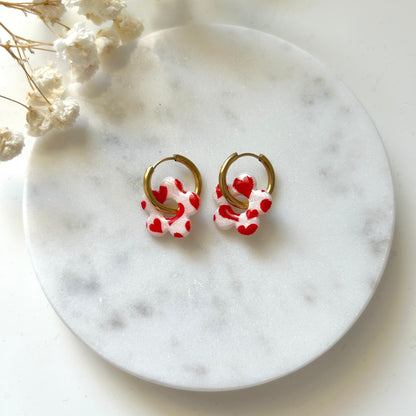 Boucles d'oreilles fleur coeur rouge  - Fait main
