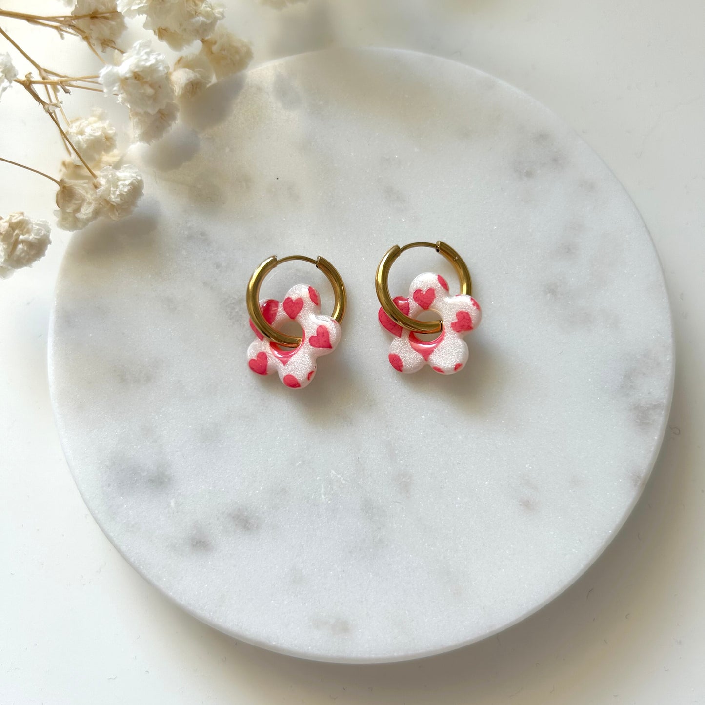 Boucles d'oreilles fleur cœur rose - Fait main